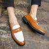 Men's Large Size Glossy Leather Loafers - Color Block Slip-on Casual & Wedding Shoes, Size 48