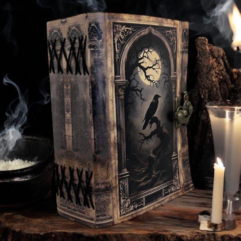 Leather Journal Gothic Notebook The Raven Grimoire Print - Vintage Handamde Journal Book of Shadows Witchcrafts Journal Gifts for Men