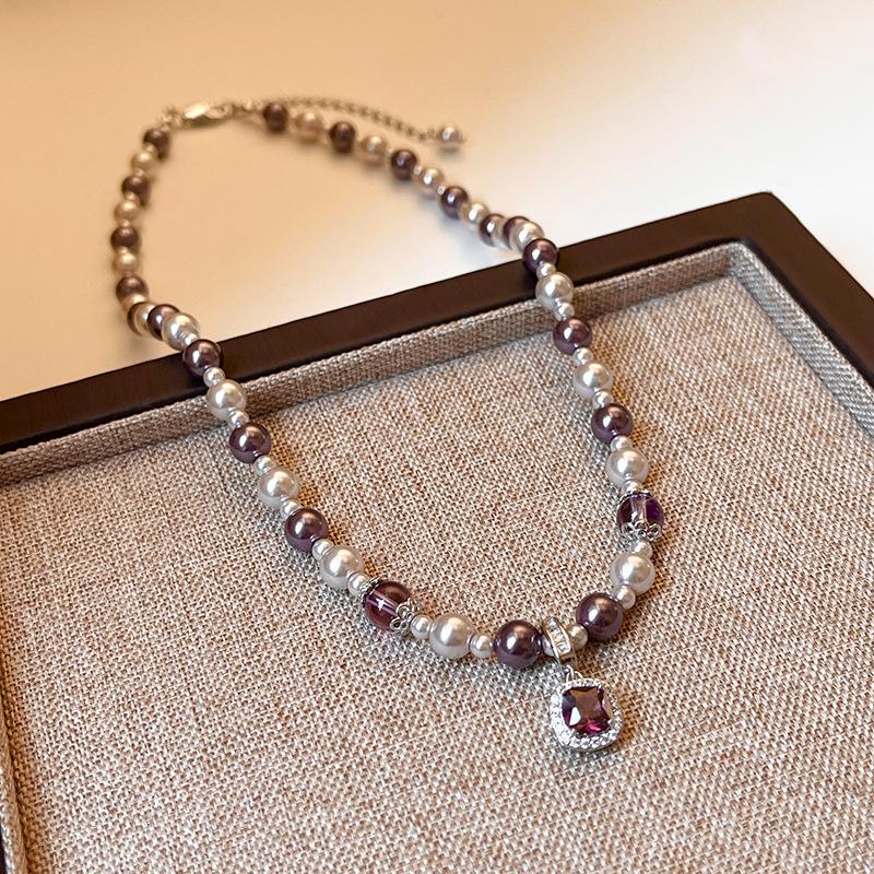Manta Rose Shijia Pearl Necklace with Amethyst and Bubble Sugar Cubes Sweater Chain - Women's Autumn/Winter Pendant Jewelry
