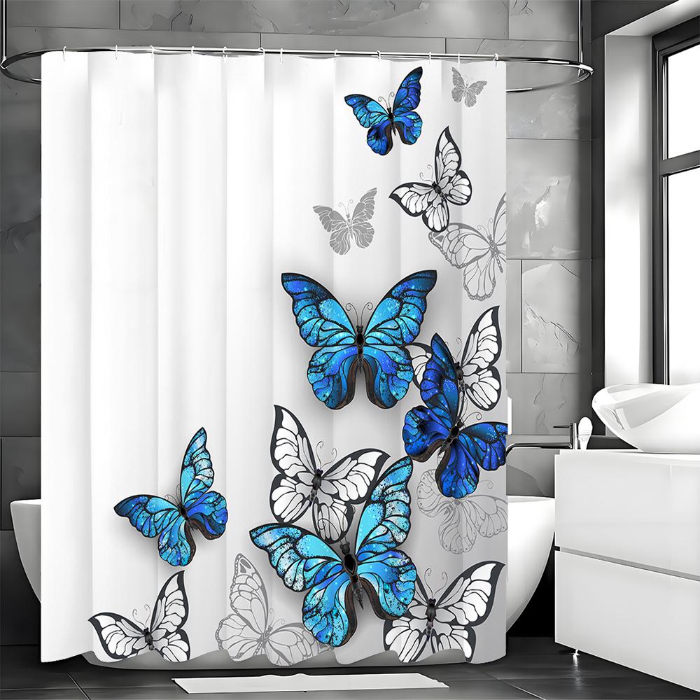 Blue White Gray Black Butterfly Shower Curtain, Bathroom Decorative Shower Curtain, Waterproof Shower Curtain with Hooks