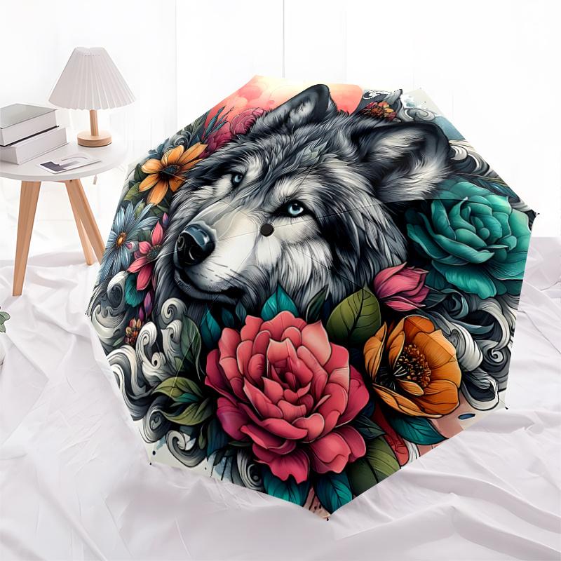 1pc Wolf Durable Cartoon Folding Umbrella, Portable 3-Fold Compact Umbrella for Men and Women, Suitable for Travel or Daily Use.U093