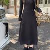 French Style Long Sleeve Knitted Dress Vintage Waist Cinching A- Line Skirt Women Autumn Winter Slimming Inner Wear