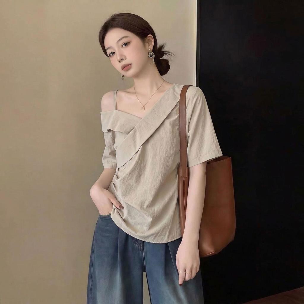 Summer new Korean chic style short-sleeved shirt women's sweet and spicy waist and thin explicit temperament small top A