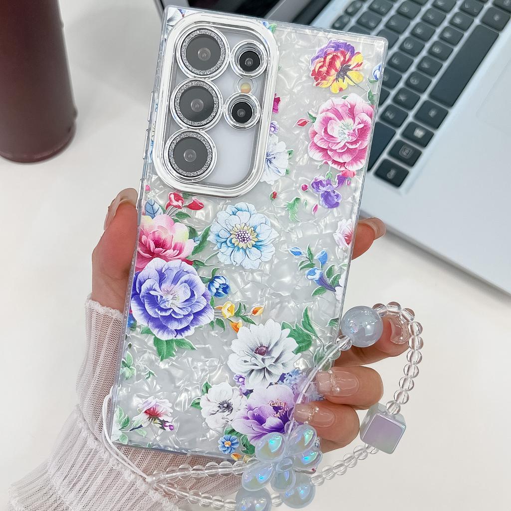 Suitable for Samsung S25 Ultra Mobile Phone Case Electroplated Flower and Grass S24FE with Bracelet Flash Powder Lens Film A56 Protective Case