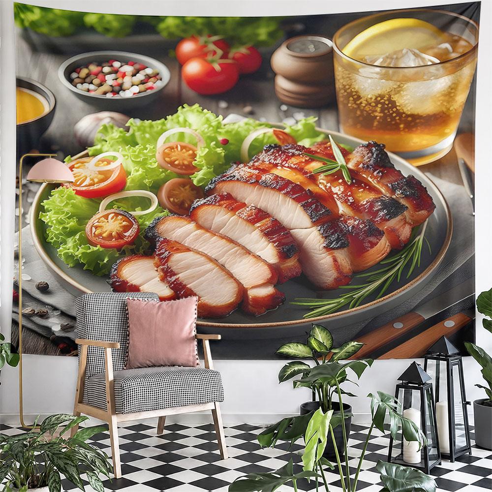 Grilled Meat with Fresh Salad Pattern Wall Hanging Tapestry Decorative Tapestry Home Decor for Bedroom and Living Room