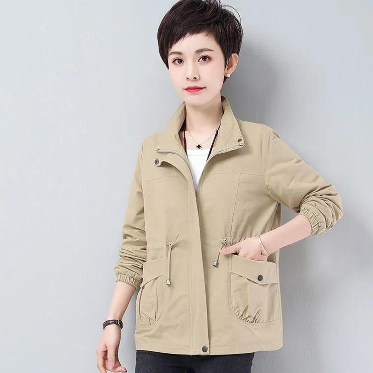 Double Layer Dámské Velké velikosti Jaro Podzim Korejské Velké Podšívka Podšívka Větrovka Stahovací šňůrka Pas Stojáček s límečkem