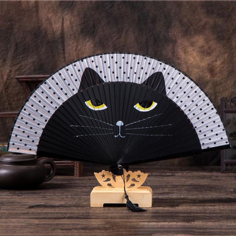 Wooden Bamboo Folding Fan Exquisite Cartoon Cat Pattern Summer Hand Fan for Home Patio Decor Graduation Souvenir Gift