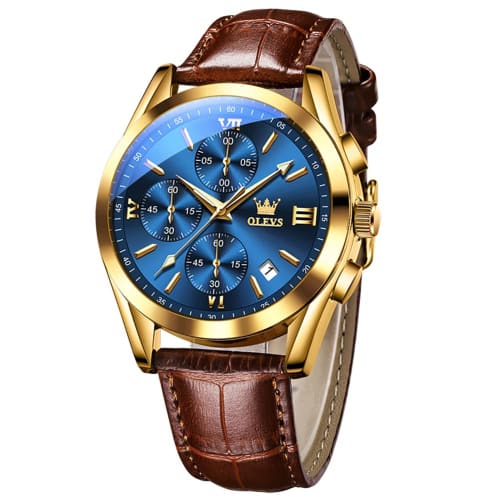 

Men s gold wristwatch with leather strap, stylish, business-friendly, waterproof, quartz movement, analog display, Arabic numerals, simple gold dial,
