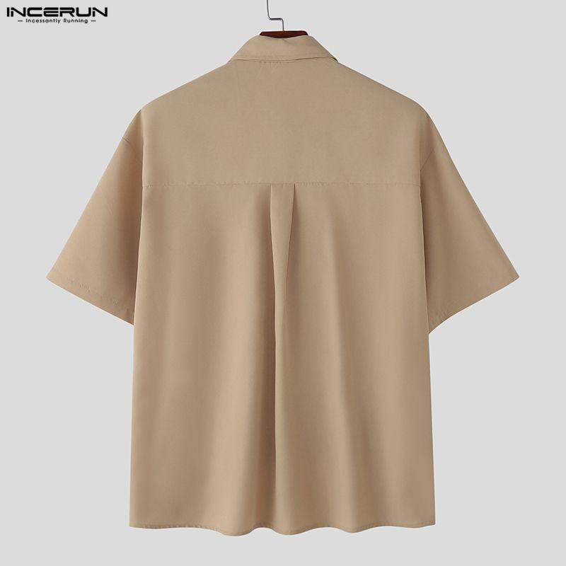 INCERUN Men Tie Lapel Neck Short Sleeve Buttons Irregular Casual Oversized Shirts