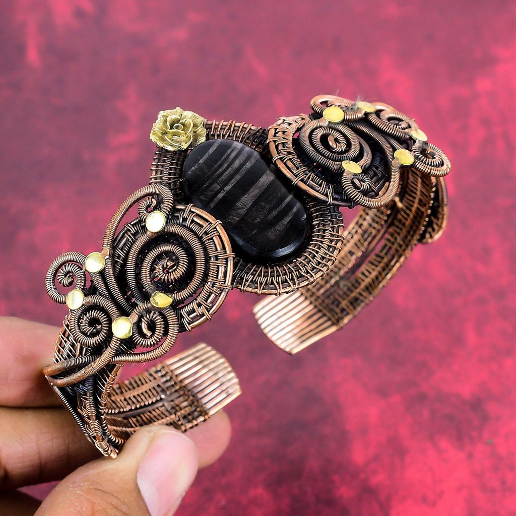 Hypersthene Bangle Copper Wire Wrapped Cuff Bracelet Adjustable Gemstone Bangle Copper Wire Wrap Jewelry Gift for Her Handmade Flower Bangle