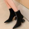 Autumn and Winter Footwear Plus Size Comfortable Thick-heeled Thick-soled Short-barrel Pointed Leather Shoes Women's Boots