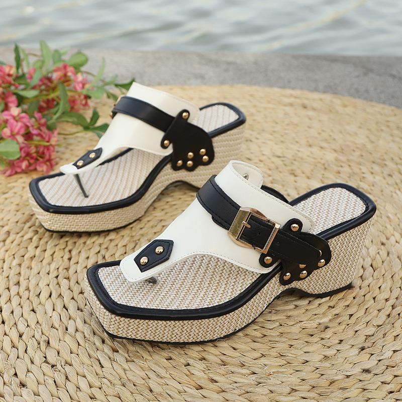 

Мода 2025 Лето Новые Женские Шлепанцы на Высоком Каблуке Стильные Толстая Подошва Бант Металлическая Пряжка Клипса Носок Шлепанцы Пляжные Римские Сандалии Женские 35 белый