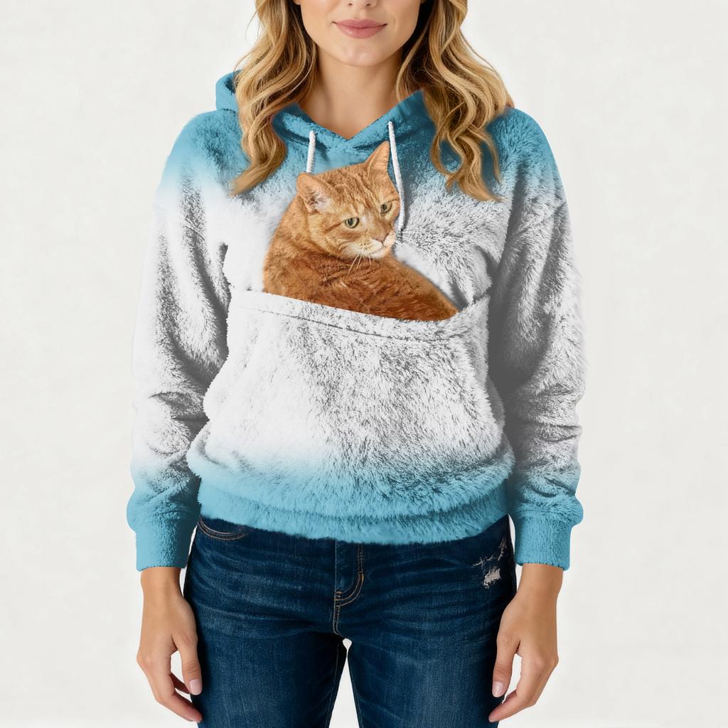 Damen Modisches Lässiges Fleecegefüttertes Langarm-Taschen-Kapuzen-Sweatshirt mit Aufdruck