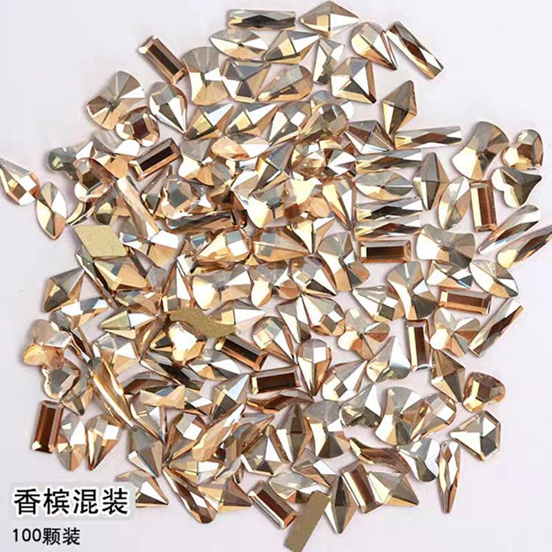 

Yiwu Nail Art Diamond Mixed Mini Small Nail Art Flat Bottom Special-Shaped Diamond Mixed K9 Champagne Nail Art Jewelry 100pcs/bag