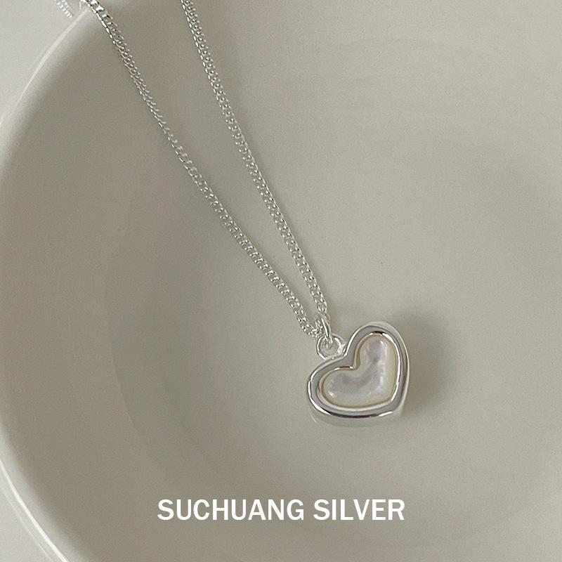 S925 Sterling Silver 3D Heart Mother-of-Pearl Women s Pendant Necklace 925 Silver