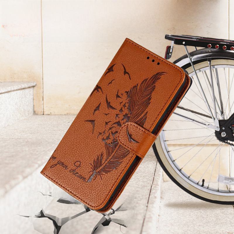 Lychee Feather Leather Case for iPhone 14 - Protective Cover with Card Slot - Flip Design for iPhone 13.