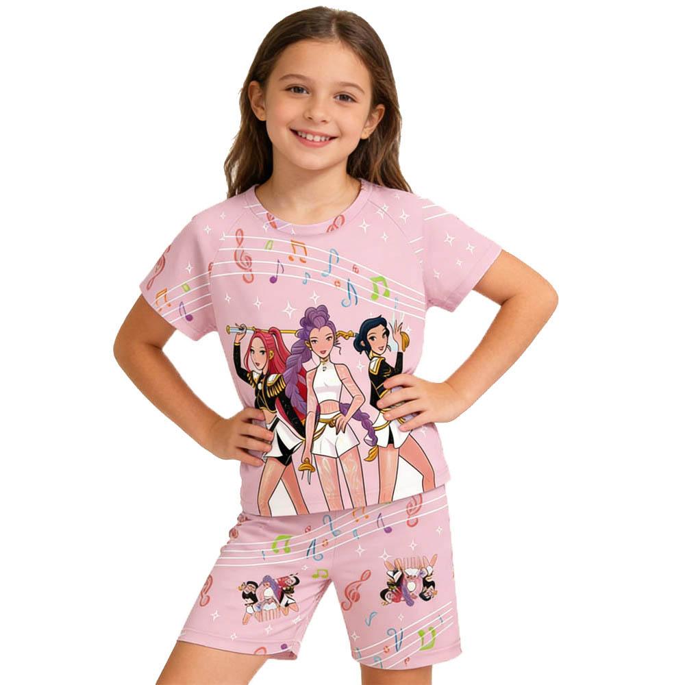 Fashion Fun Cartoon Devil Hunter Print Kids T-shirt and Shorts 2 Piece Set Summer Casual Outdoor Boy's and Girl's Outfit Set
