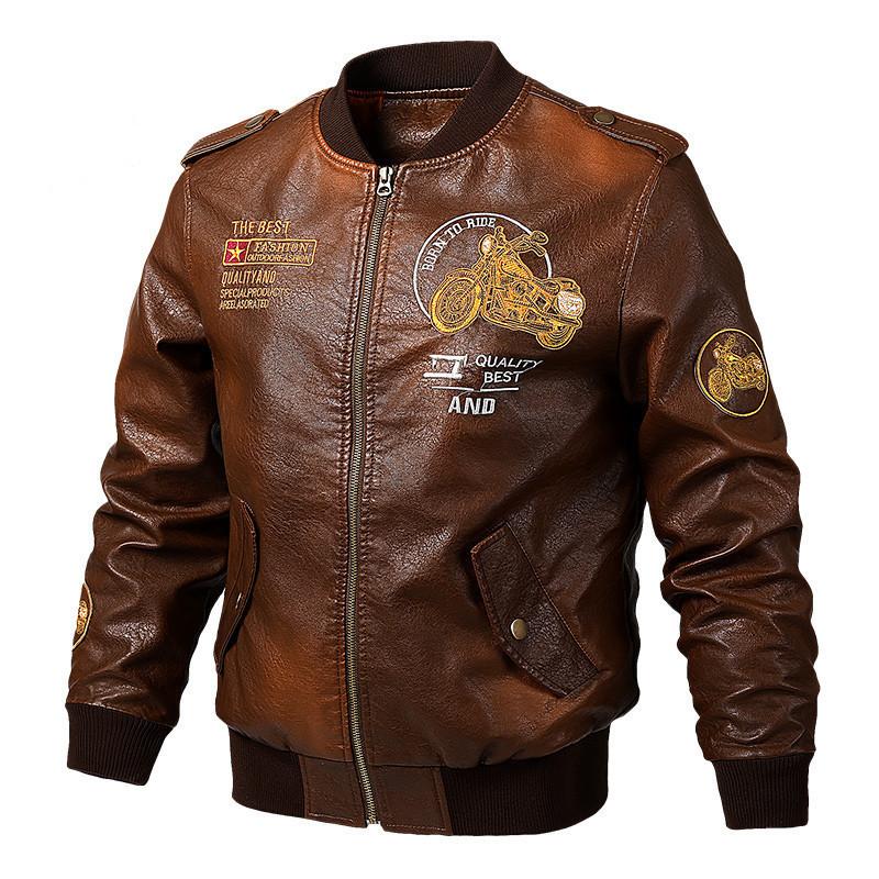 New V-neck Style Men's Motorcycle Leather Washed PU Leather Jacket Trendy