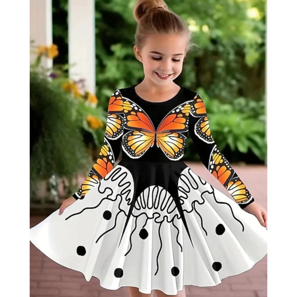 Girl Casual 3D Fantasy Butterfly Jellyfish Print Round Neck Long Sleeve Dress Kid Princess Dress