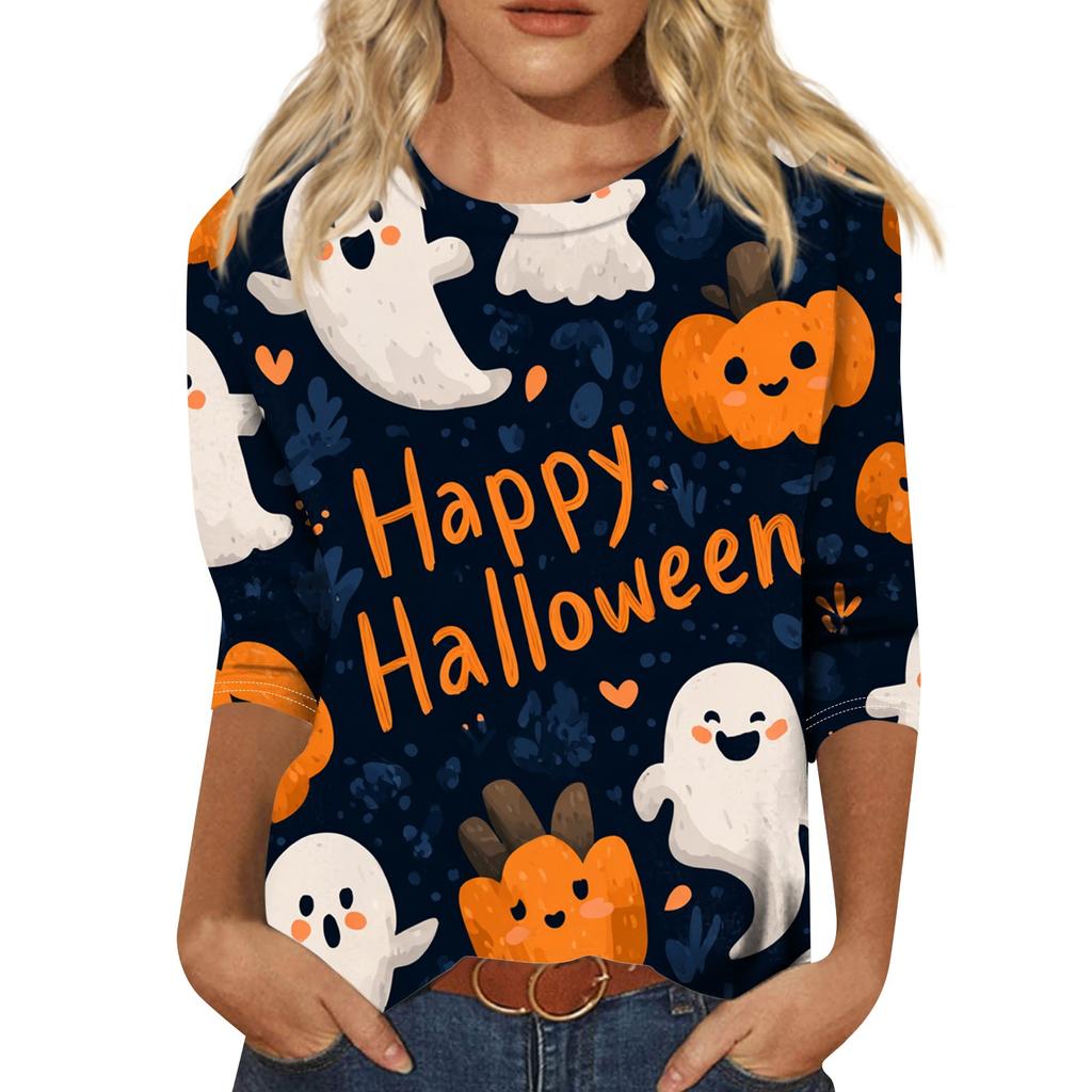 Dames Mode Casual Ronde Hals Driekwartmouw Halloween Print T-shirt Top