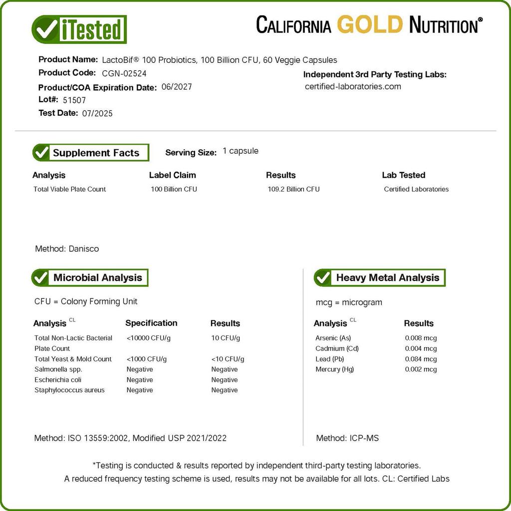 California Gold Nutrition LactoBif® 100 Probiotic, 100 Billion CFU, 60 Veggie Capsules
