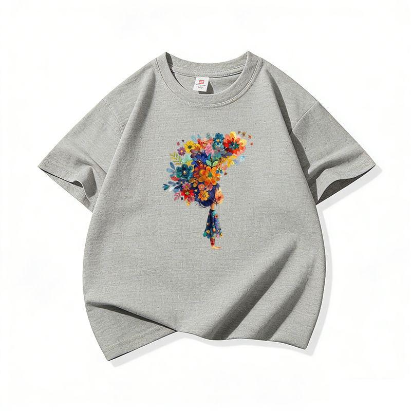 Kids Cotton T Shirt Multicolor Flower Girl Print Crew Neck Short Sleeve Tee Casual Breathable Boys Girls Summer Tops