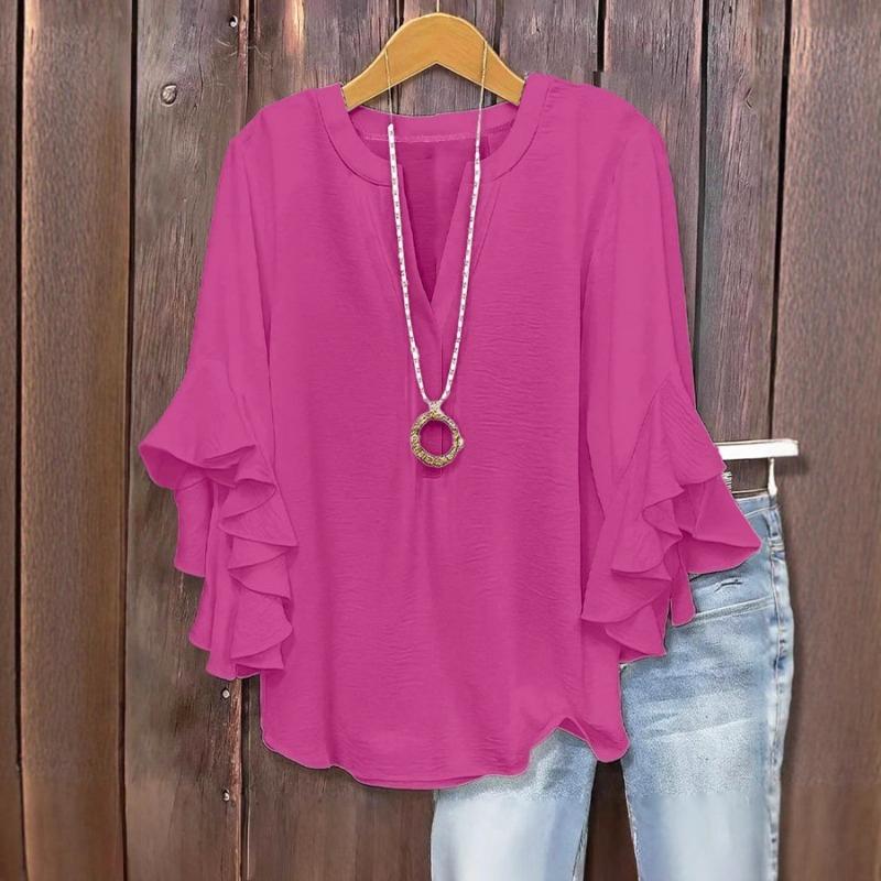 Fashion V-neck Loose Women Blouse Casual Plus Size Ruffled Seven Quarter Sleeve Shirt Spring Autumn Solid Color Sweet Simple Sweet Women's Clothing