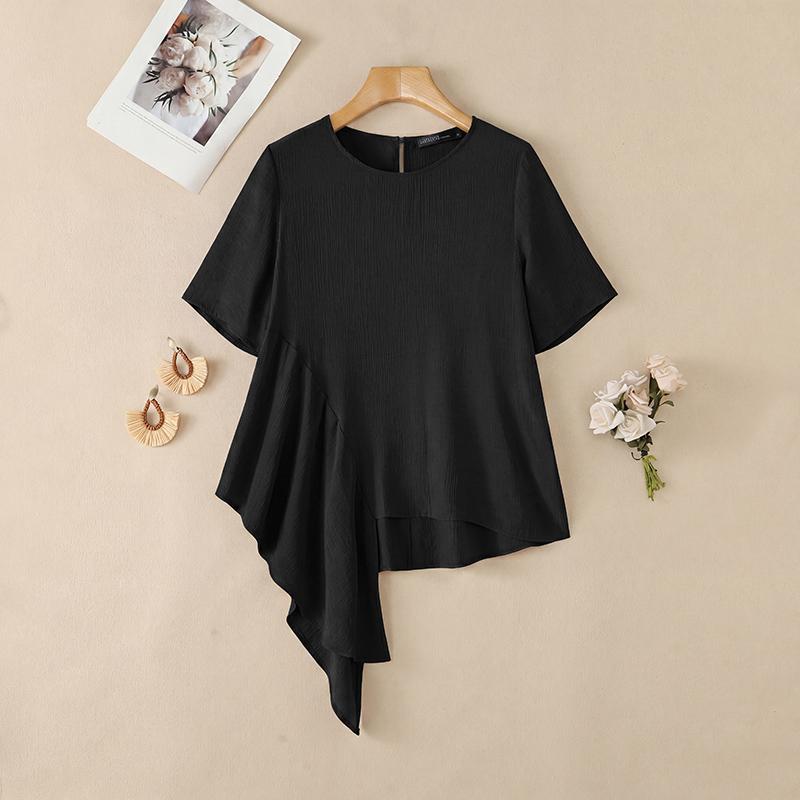 ZANZEA Women Casual Round Neck Solid Color Loose Short Sleeve Blouse