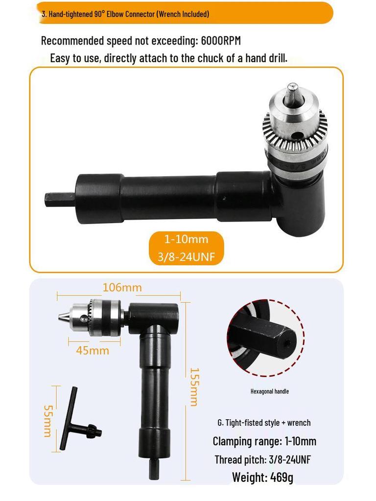 Right Angle Electric Drill Extension with Three-Jaw Chuck