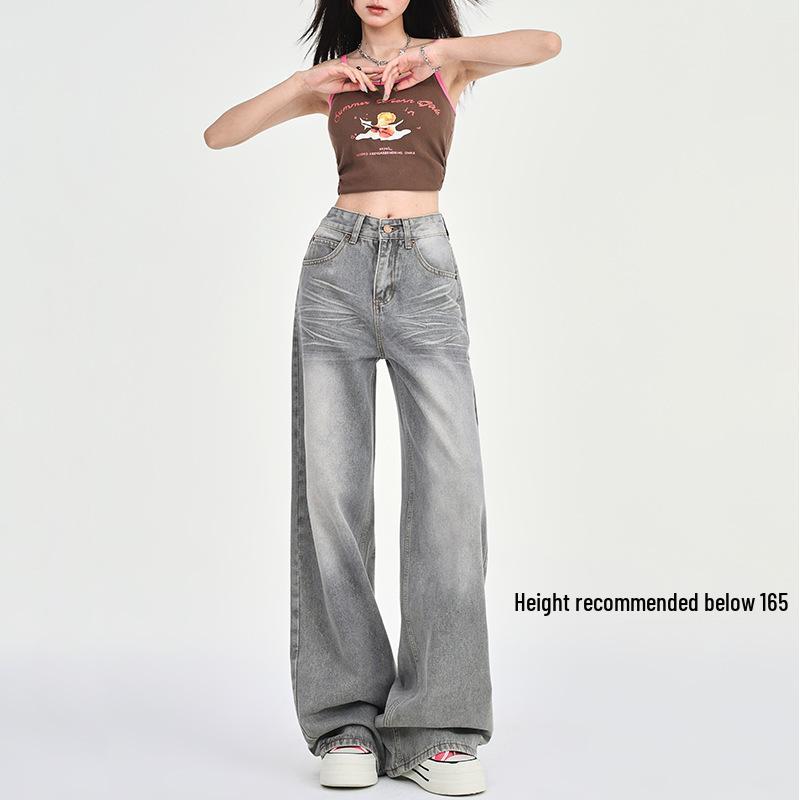 Women s 2024 Low-Rise Wide-Leg Retro Grey Jeans: Loose Drape, Petite Straight-Leg Fit for Autumn S