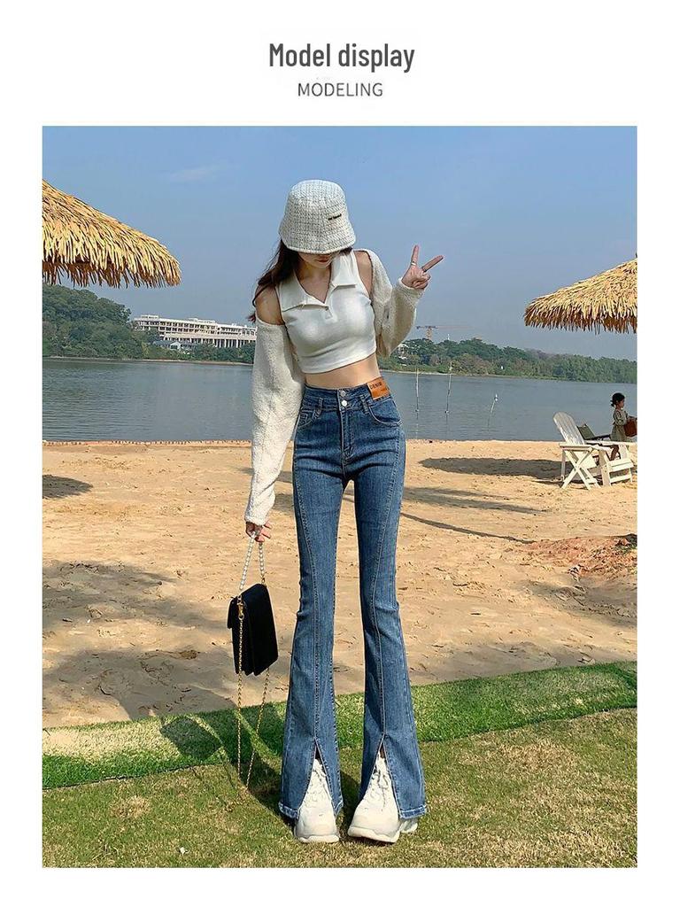 Spring 2025 Women’s High-Waist Elastic Flared Jeans: Slim, Slit-Style, All-Match Design