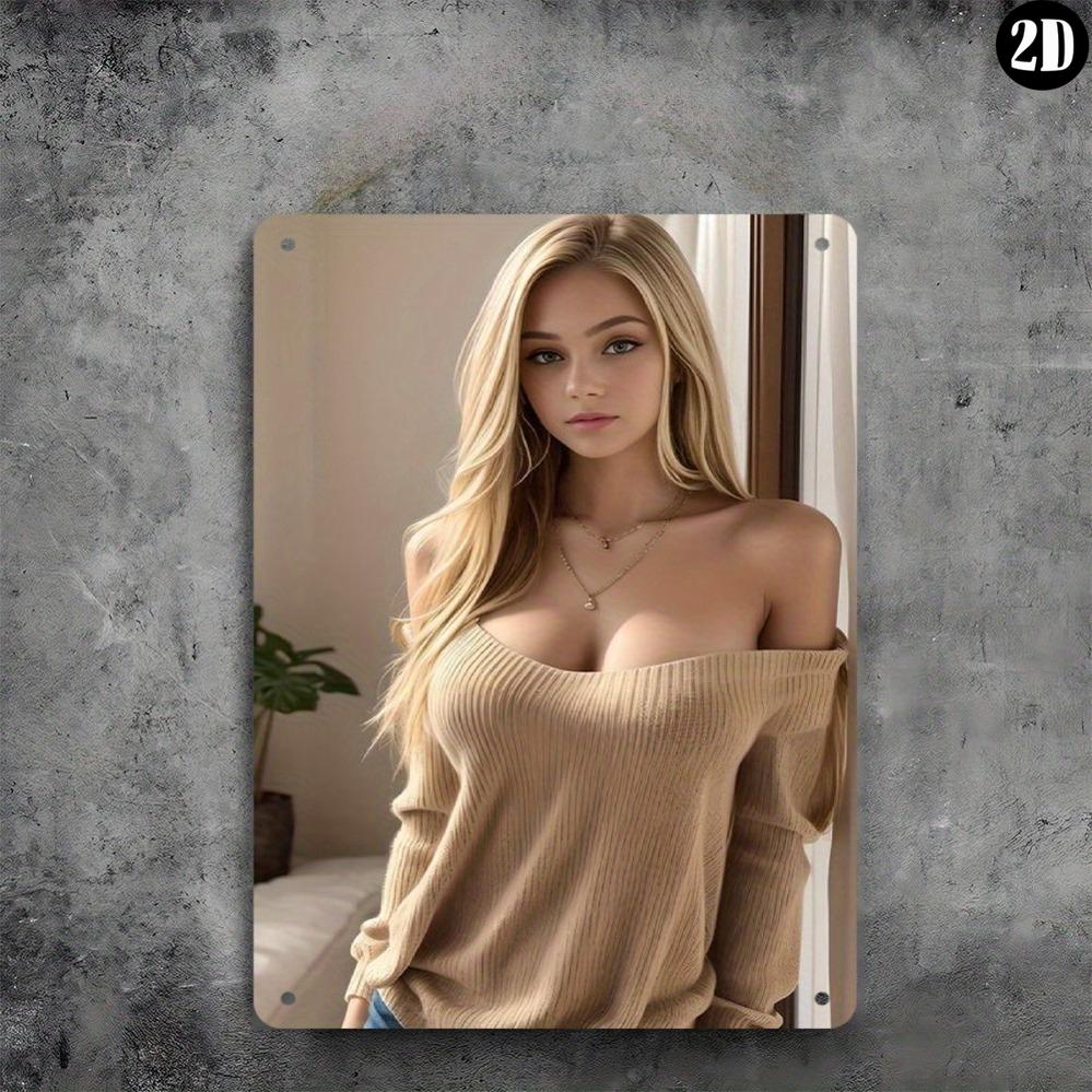 D FLATElegant Blonde Pearl Knit Top Metal Wall Art Home Bar Cafe Garage Chic ShoulderBaring Room Decorati