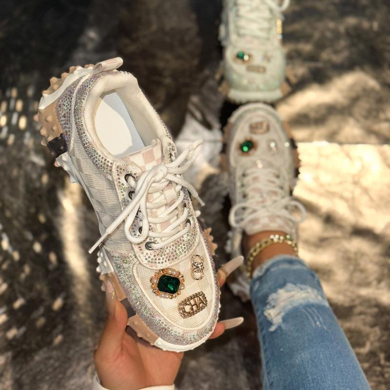 2025 Autumn Women Casual Sneakers Luxury Designers Rhinestone Diamond Thick Bottoms Shoes Female Tennis Trainers Walking Shoes