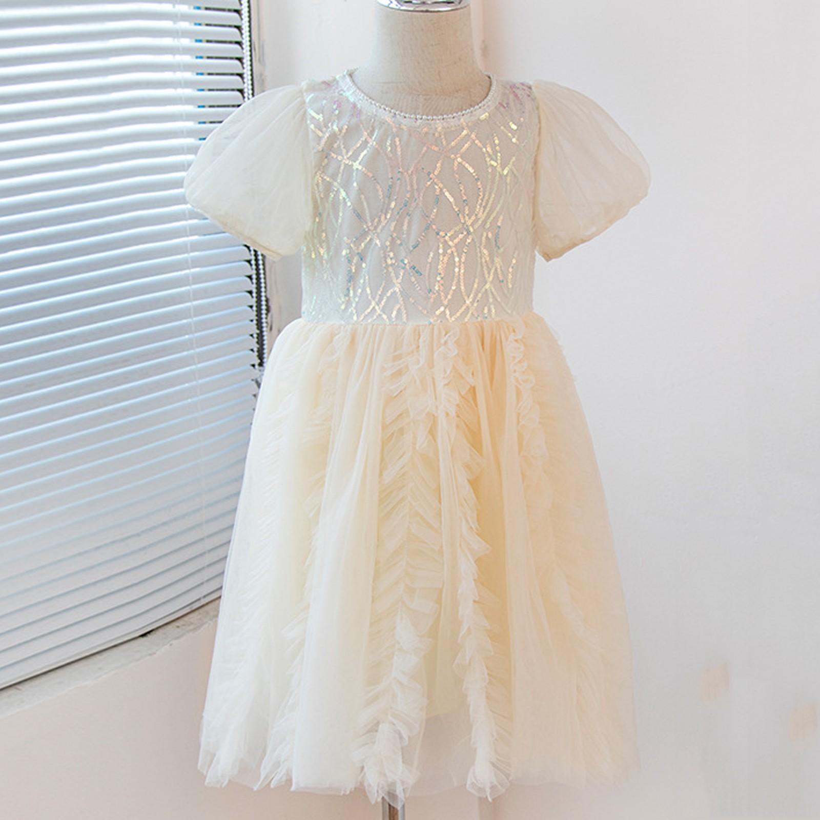 

Детское платье с пышными рукавами, платье принцессы, сетчатое модное платье с пайетками 90 бежевый