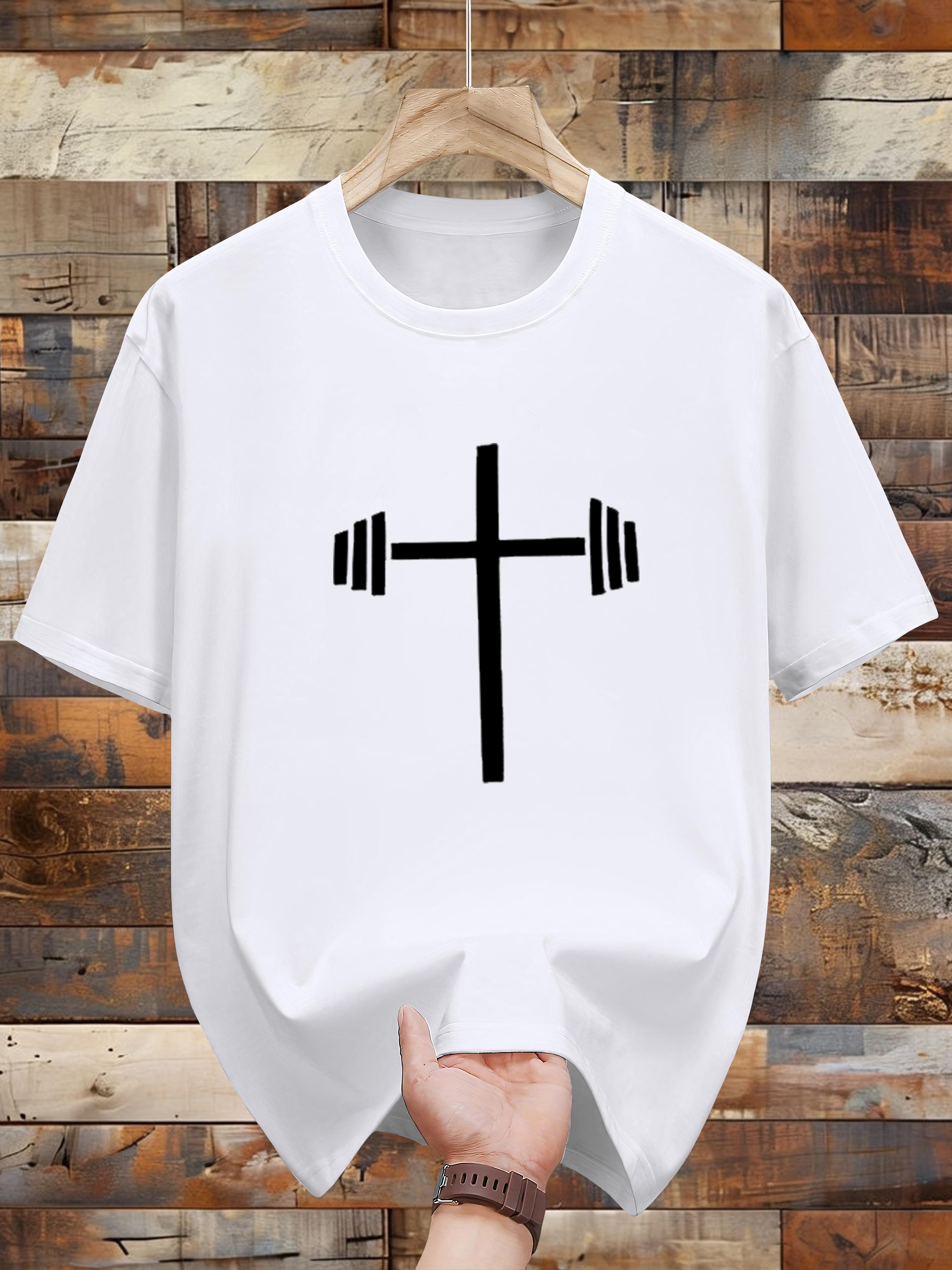 200g 100% Cotton Short Sleeve T-shirt - Casual Crew Neck with Weightlifting Cross Print L