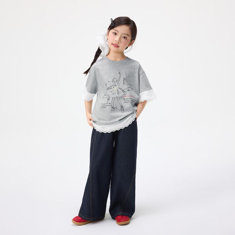 Girl's Classic Round Neck Printed T-shirt with Ruffle Trim