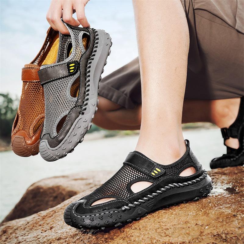 Summer Douyin live broadcast foreign trade hot-selling large-size men's shoes outdoor leather mesh breathable men's beach sandals
