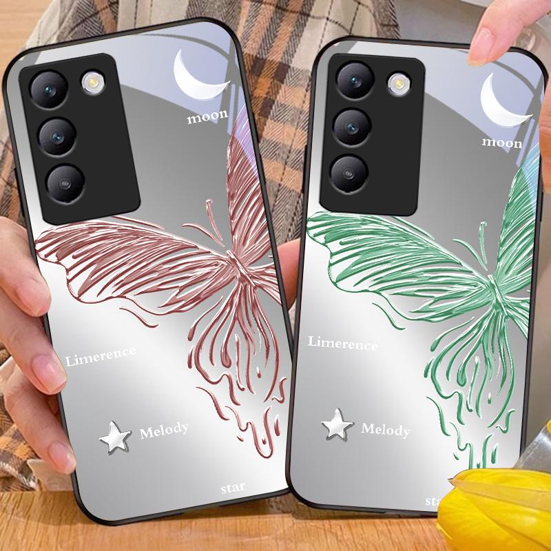 Metallic Butterfly For Y72 33S 11 03 36 96 Lite 35 16 Iqoo 12 V40 SE 5G 29 40 21 30 X80 Pro Vivo Tempered Glass Phone Case Black
