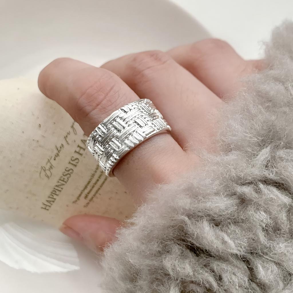 PANJBJ 925 Silver Frosting Geometry Ring for Women Wide Texture Versatile Handmade Ins Jewelry Gift