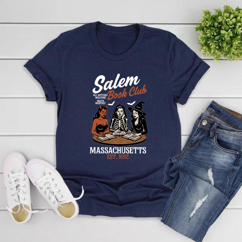 Witchy Book Club T-Shirt Spooky Girl Reading Tshirt Book Lover Halloween T-shirt Casual Women Graphic T Shirts Witches Salem Tee