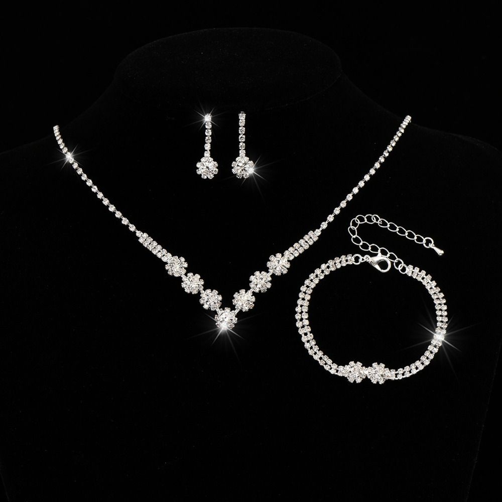 Bracelet Earrings Shining Necklace Wedding Party Rhinestone Jewelry Set  Women
