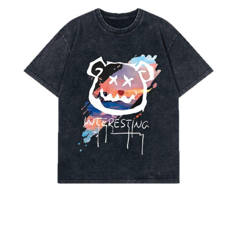 Women's Washed Distressed Short-Sleeve T-Shirt - Trendy Round Neck with Snowflake Print Logo