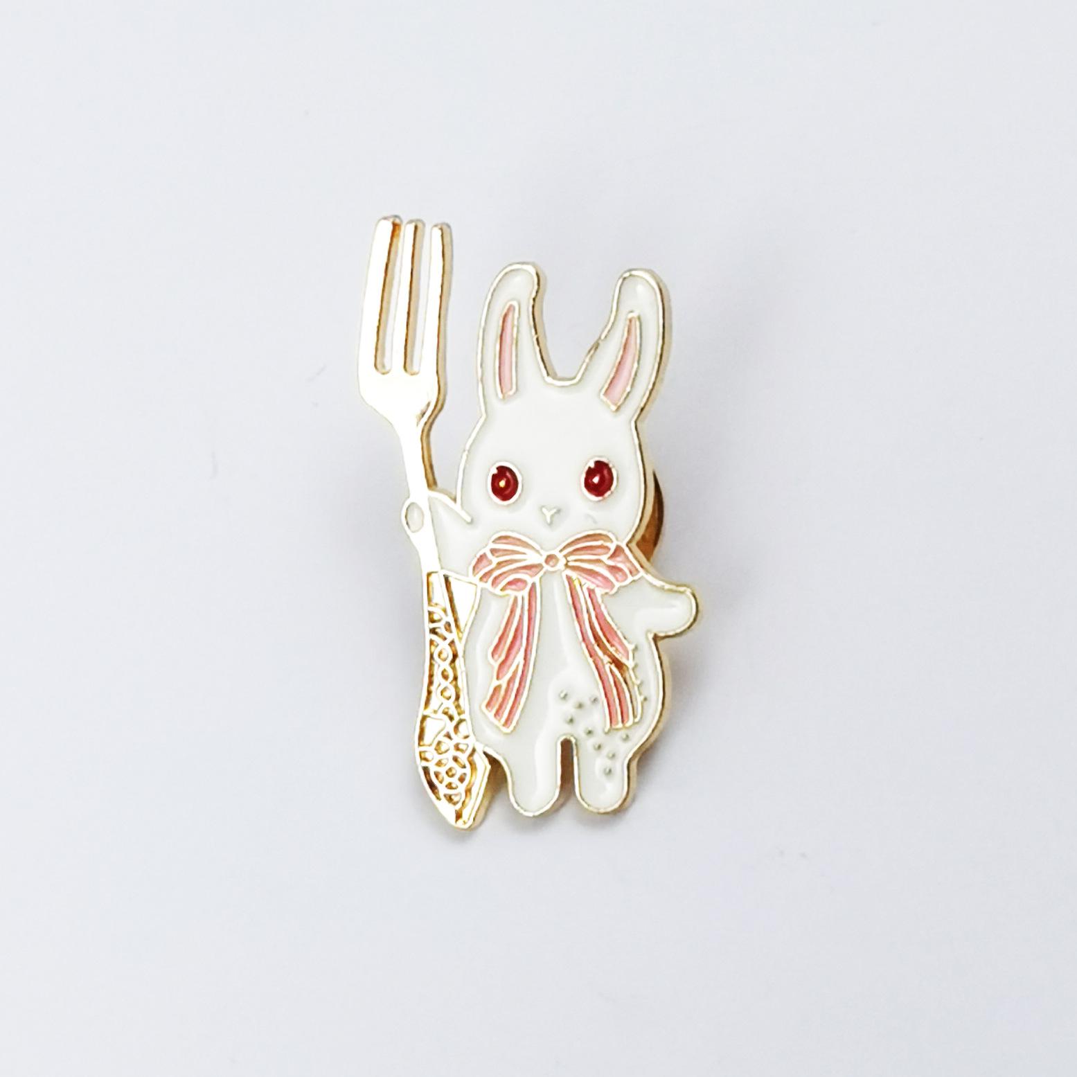 Personalized Cartoon Rabbit Fork Brooch - Cute Animal Metal Badge for Clothing Accessories
