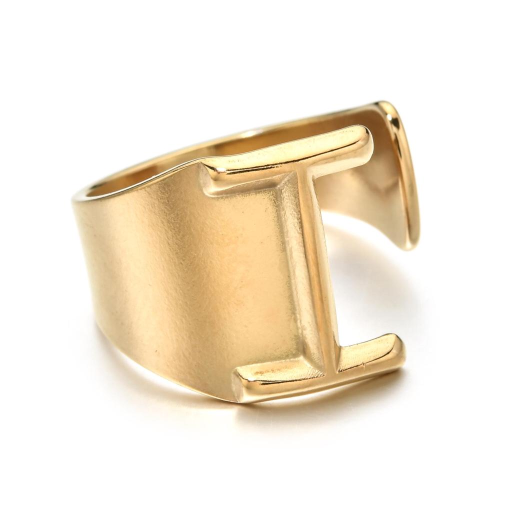 18K Gold Stainless Steel Letter Ring – Fashionable Open European & American Style, Women's Adjustable Titanium Steel Ring
