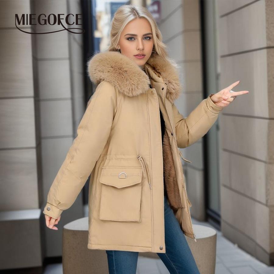 MIEGOFCE Winterjacke für Damen mit lässiger Taille, Kunstpelzkragen, mittellanger Mantel, winddichter und warmer Parka MZ-23146