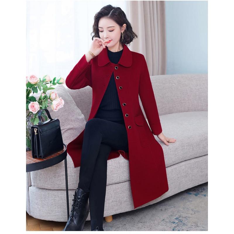 Elegant Pure Color Double Faced Wool Coat Women Slim Fit Mid Long High Quality Autumn Winter Trench Coat