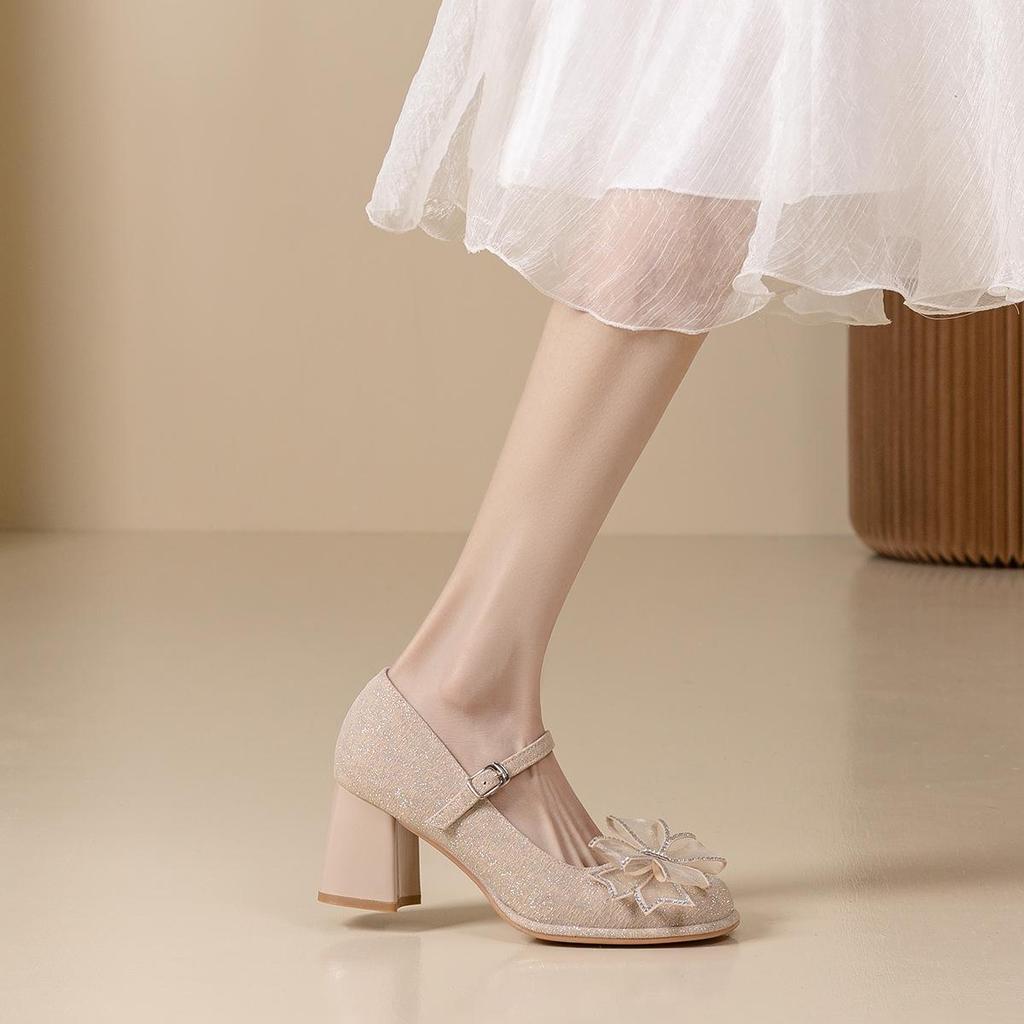 2024 Spring/Summer Bridesmaid Mary Jane Rhinestone Bow Heels - Versatile Women's Chunky Heel Shoes
