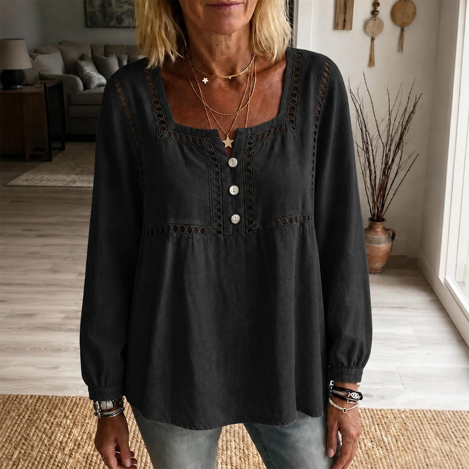 Women s Loose Fit Long Sleeve Hollow Out Blouse - Cotton Linen Color Casual Shirt for Fall L