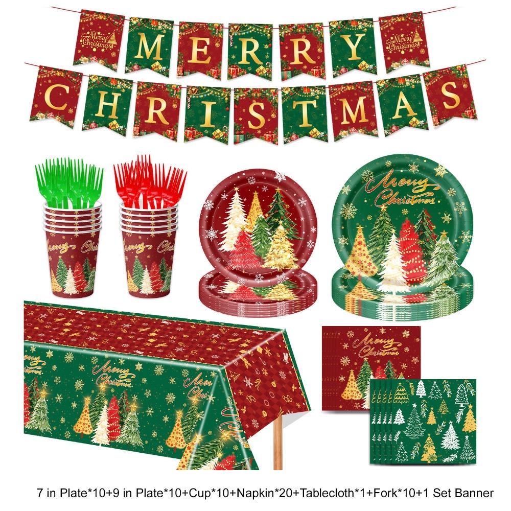 Christmas Tree Pattern Disposable Tableware Set Party Plate Cup Napkin Tablecloth  Family Dinner