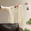 Women Lace Knit Cropped Cardigan V Neck Tie Front Long Sleeve Casual Solid Color Open Front Top